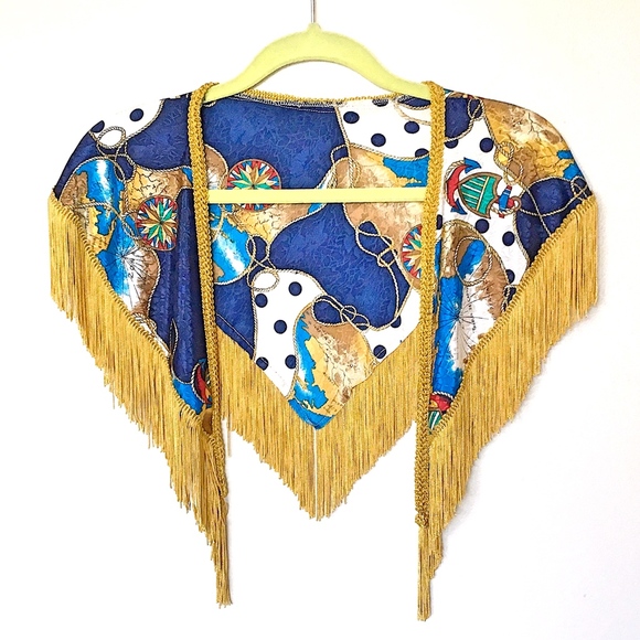 Vintage Accessories - RARE Nautical Shawl Gold Fringe Tassel Vintage Map